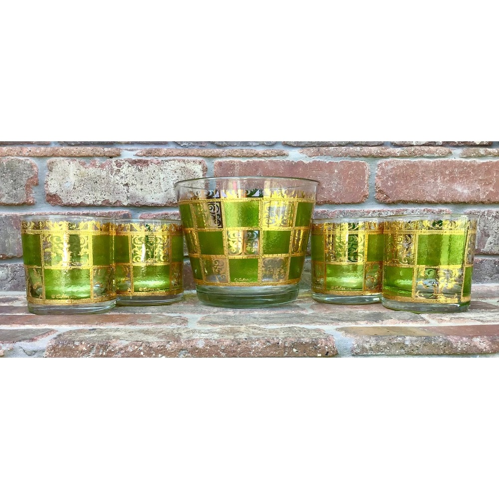 Vtg 60s Culver Prado Green & Gold 22 k Lowball Glasses (4) and Ice Bucket Set - Picture 7 of 11